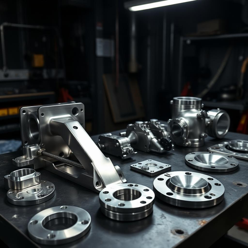 Finished stainless flanges and brackets staged on a workbench