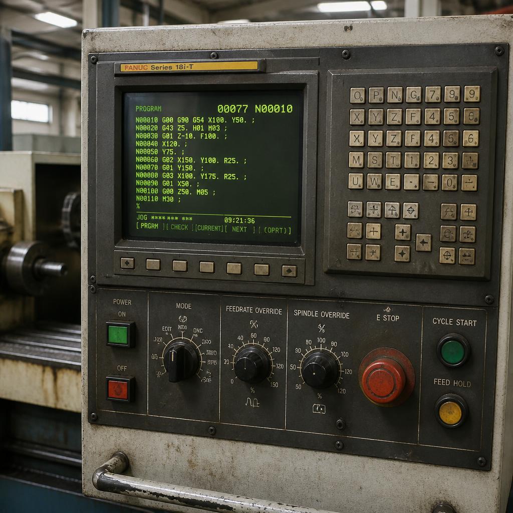 CNC control panel running a program on the shop floor
