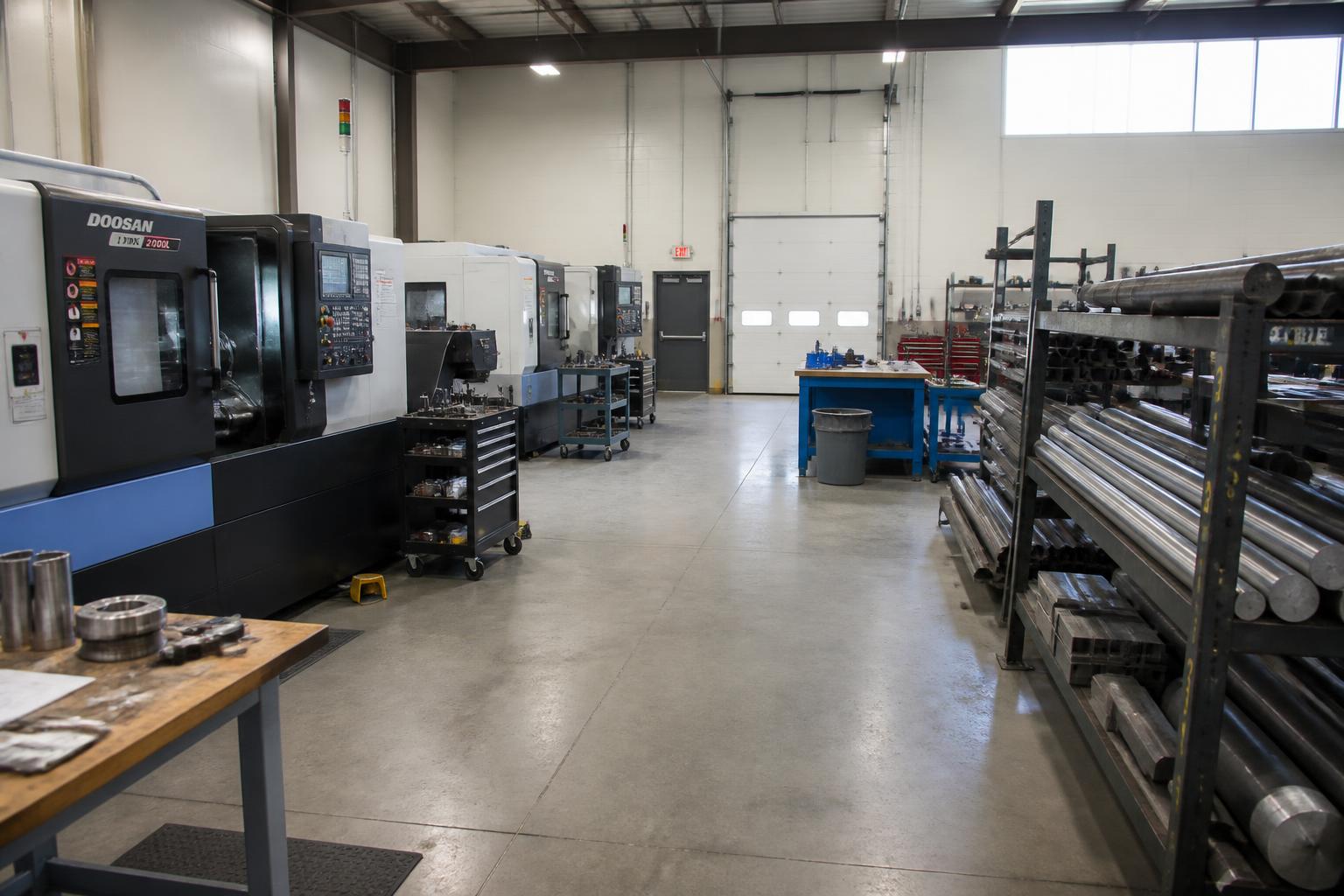 Interior of the Ridgeline machine shop with CNC lathes and steel stock racks